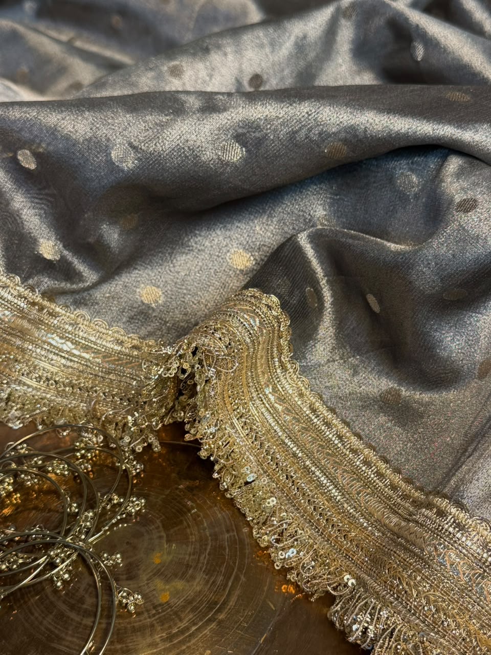 Beige Brown Tissue Silk Zari Buti Gota Lace Work Banarasi Saree