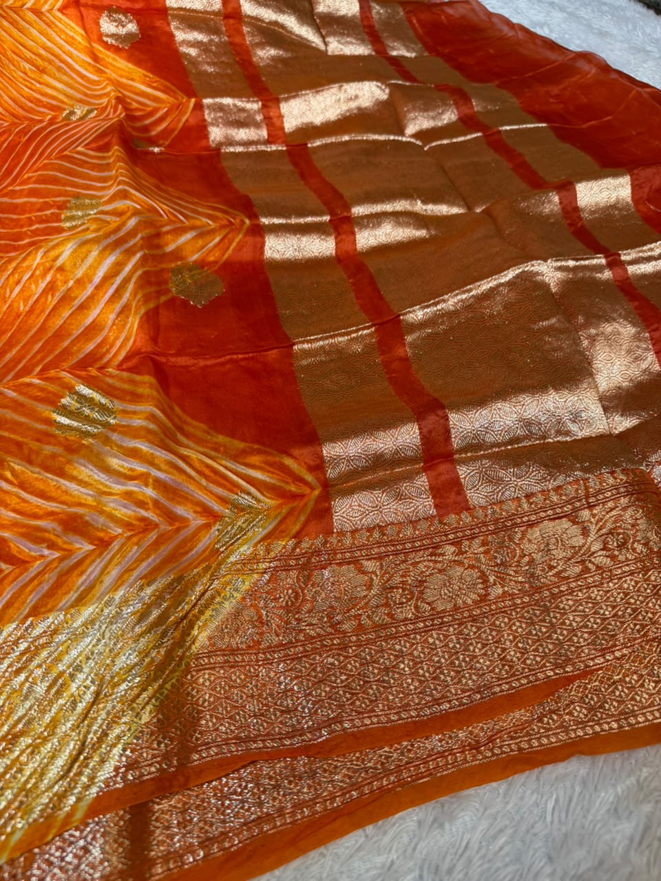 Arashi Dyed Orange Handwoven Pure Kora Silk Saree