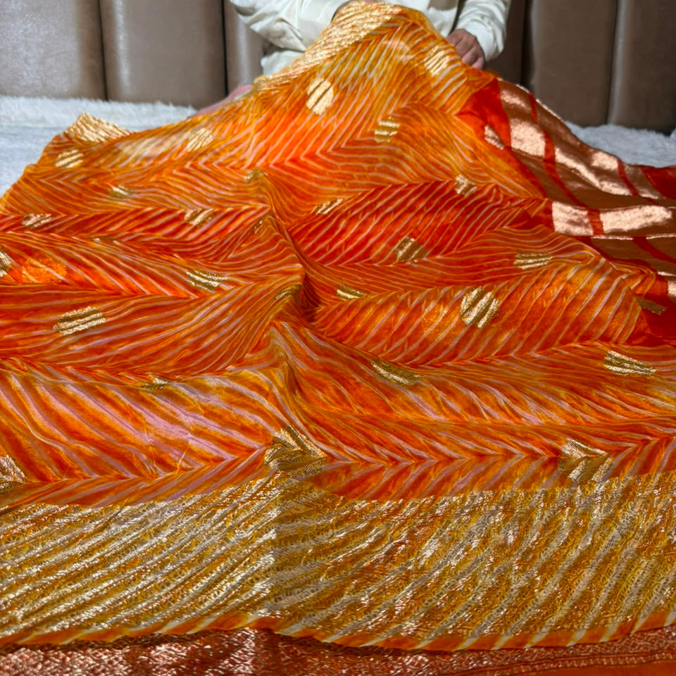 Arashi Dyed Orange Handwoven Pure Kora Silk Saree