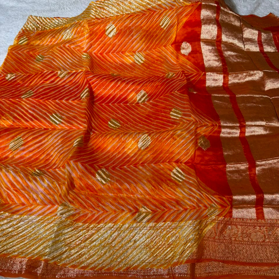 Arashi Dyed Orange Handwoven Pure Kora Silk Saree