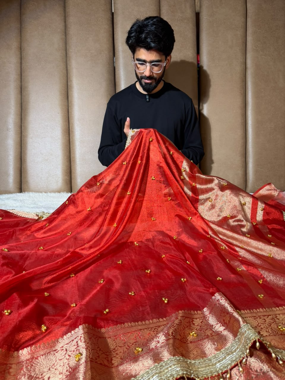 Carmine Red Tissue Silk Ghungroo Work Saree