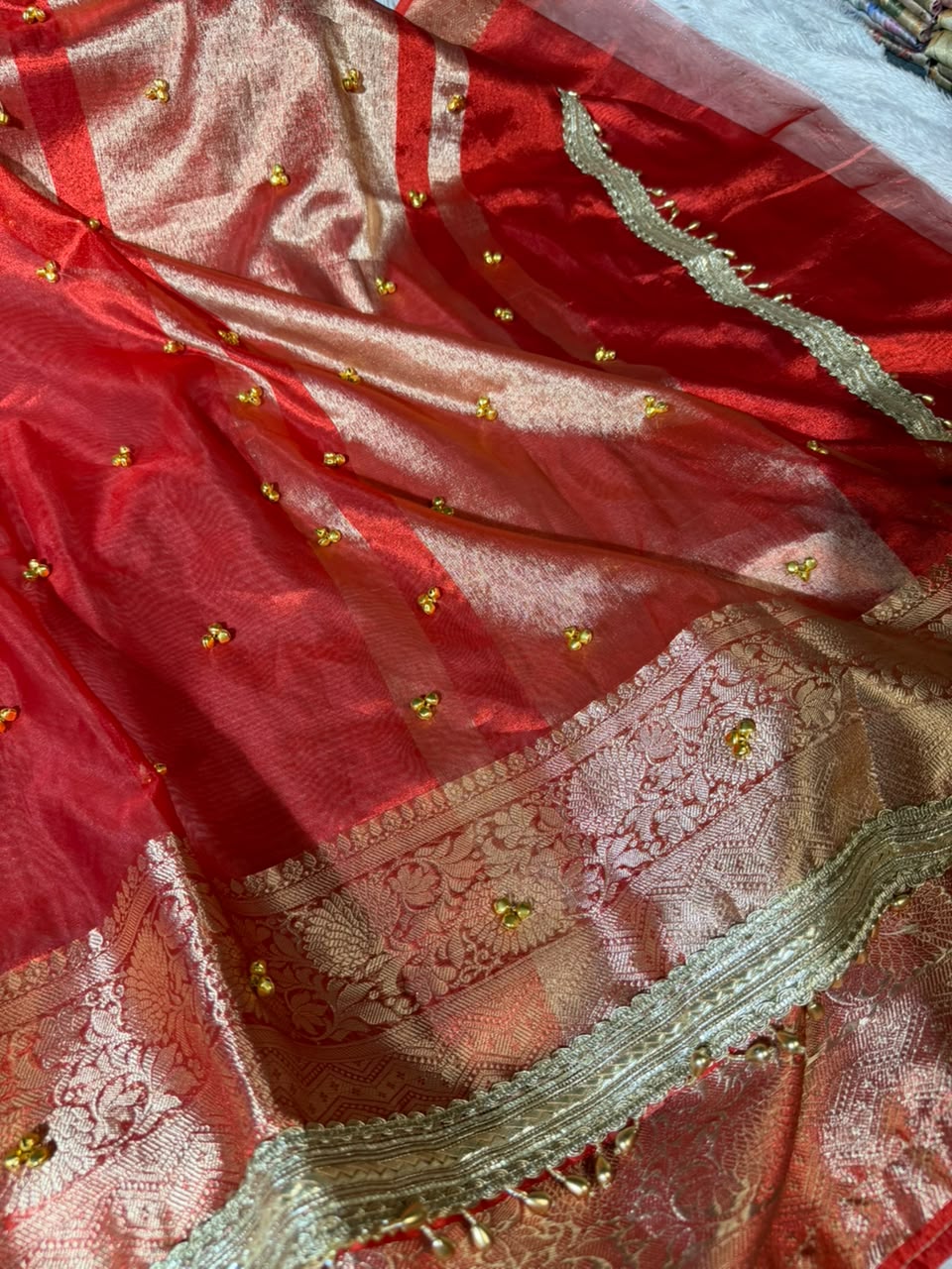 Carmine Red Tissue Silk Ghungroo Work Saree