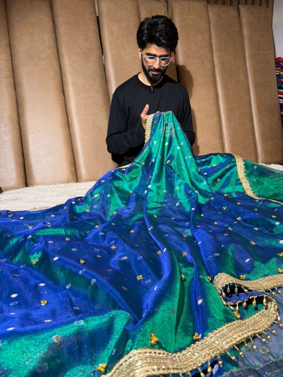 Rare Peacock Tissue Silk Hand ghungroo Work Saree