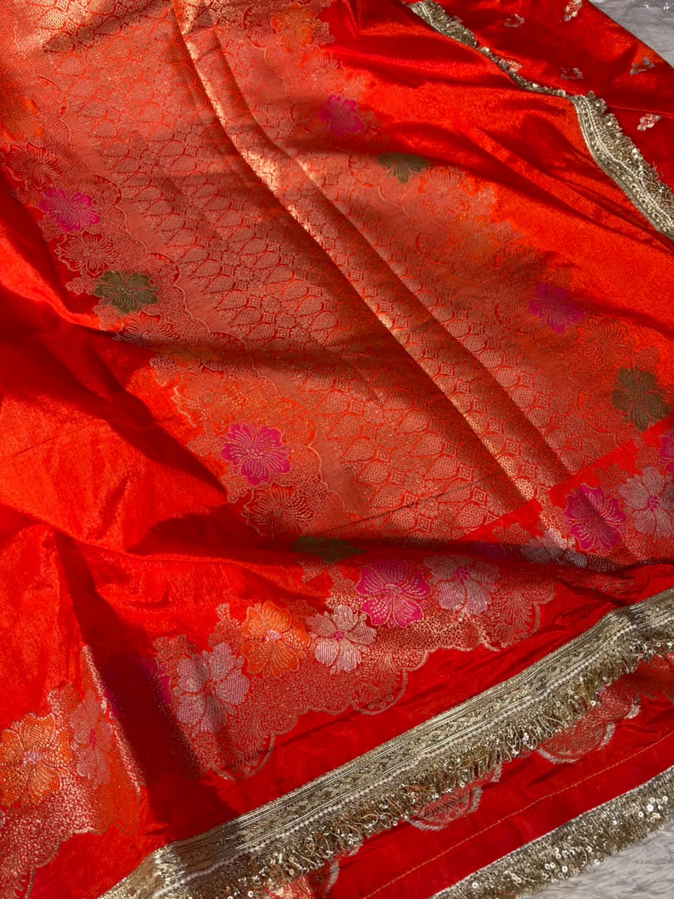 Orange Warm Silk Contemporary Lace Work Saree