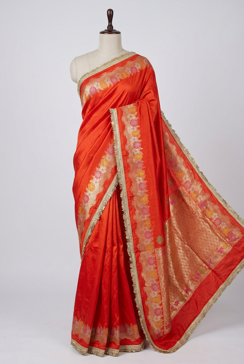 Orange Warm Silk Contemporary Lace Work Saree