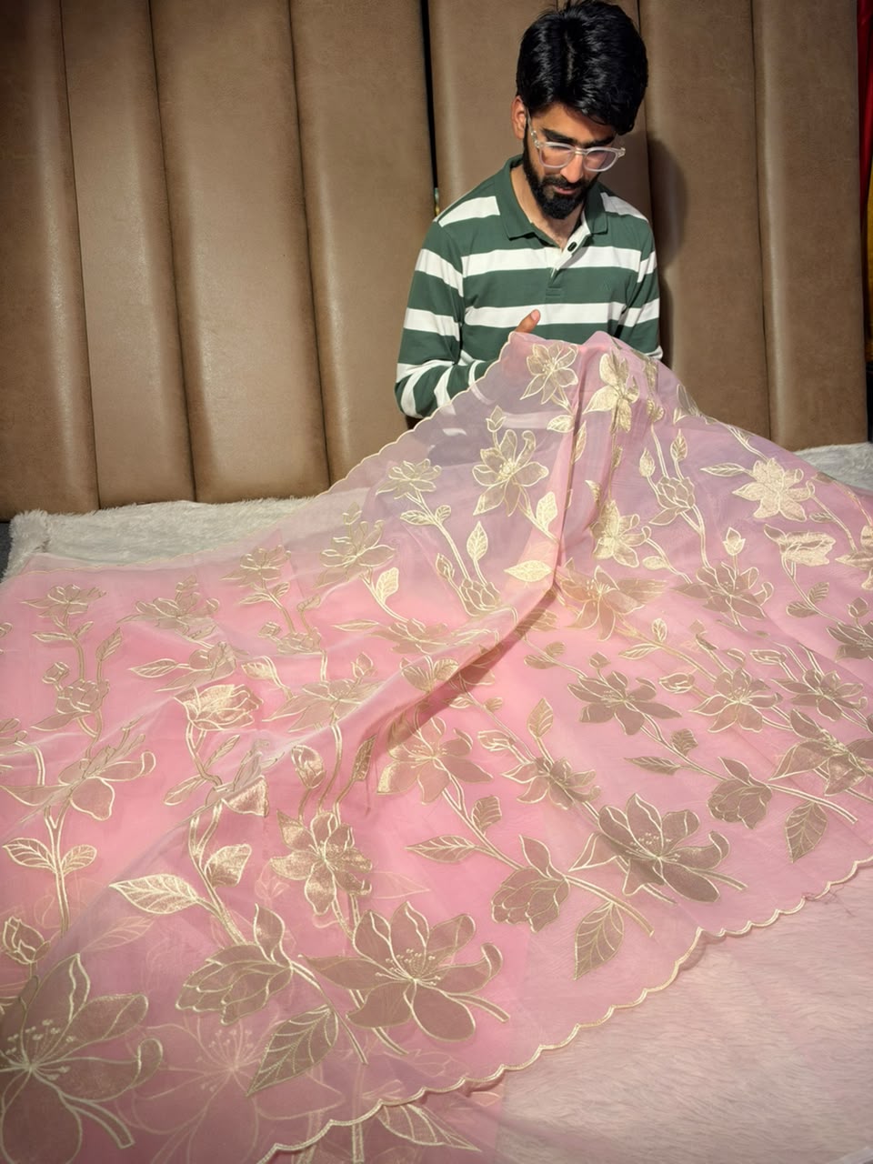 Pink Organza Banarasi Appliqué Work Saree