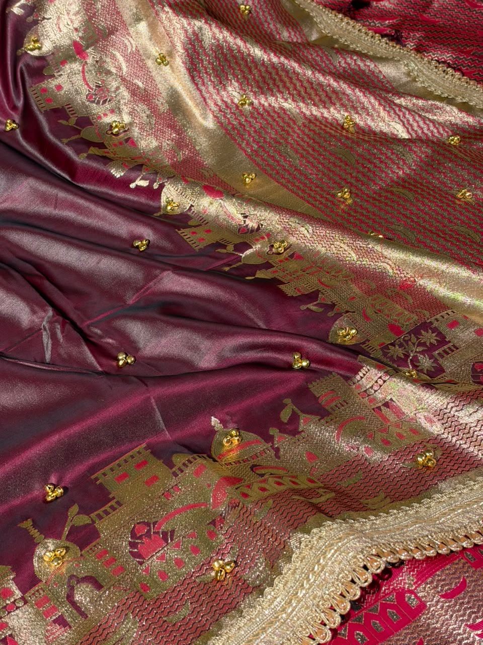 Wine Colour Soft Banarasi Silk Ghungroo Saree