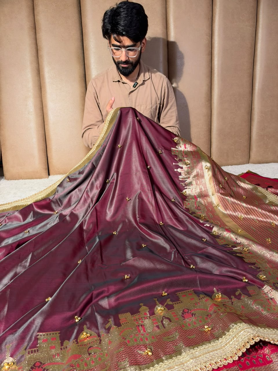 Wine Colour Soft Banarasi Silk Ghungroo Saree