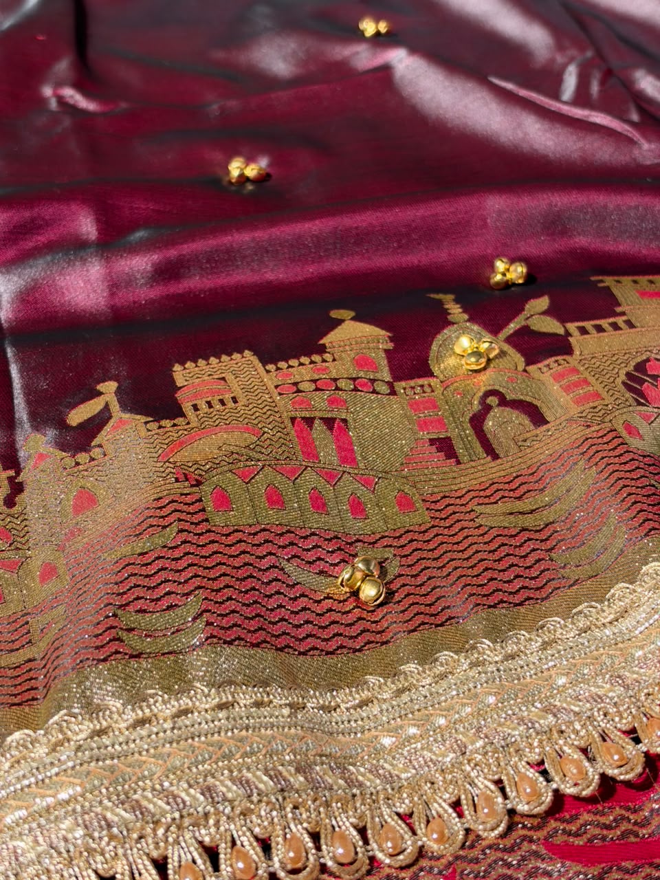 Wine Colour Soft Banarasi Silk Ghungroo Saree