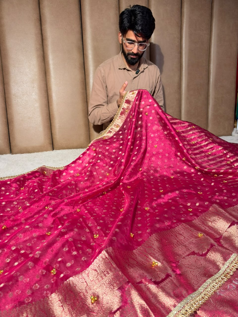 Rani Pink Tissue Silk Hand Ghungroo Work Saree