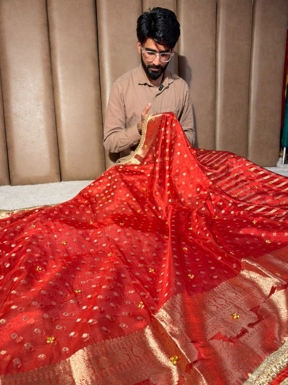 Red Tissue Silk Hand Ghungroo Work Saree