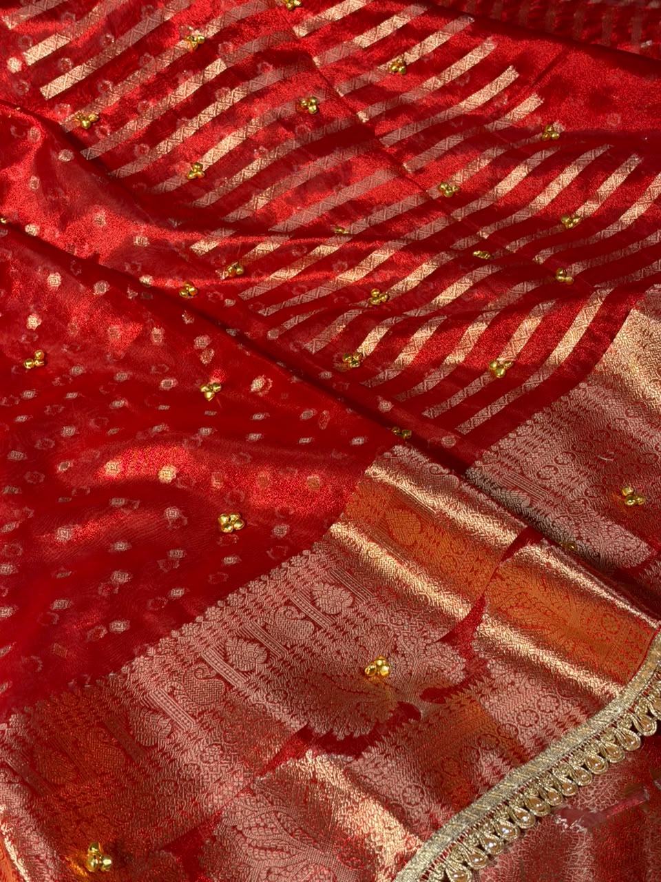 Red Tissue Silk Hand Ghungroo Work Saree
