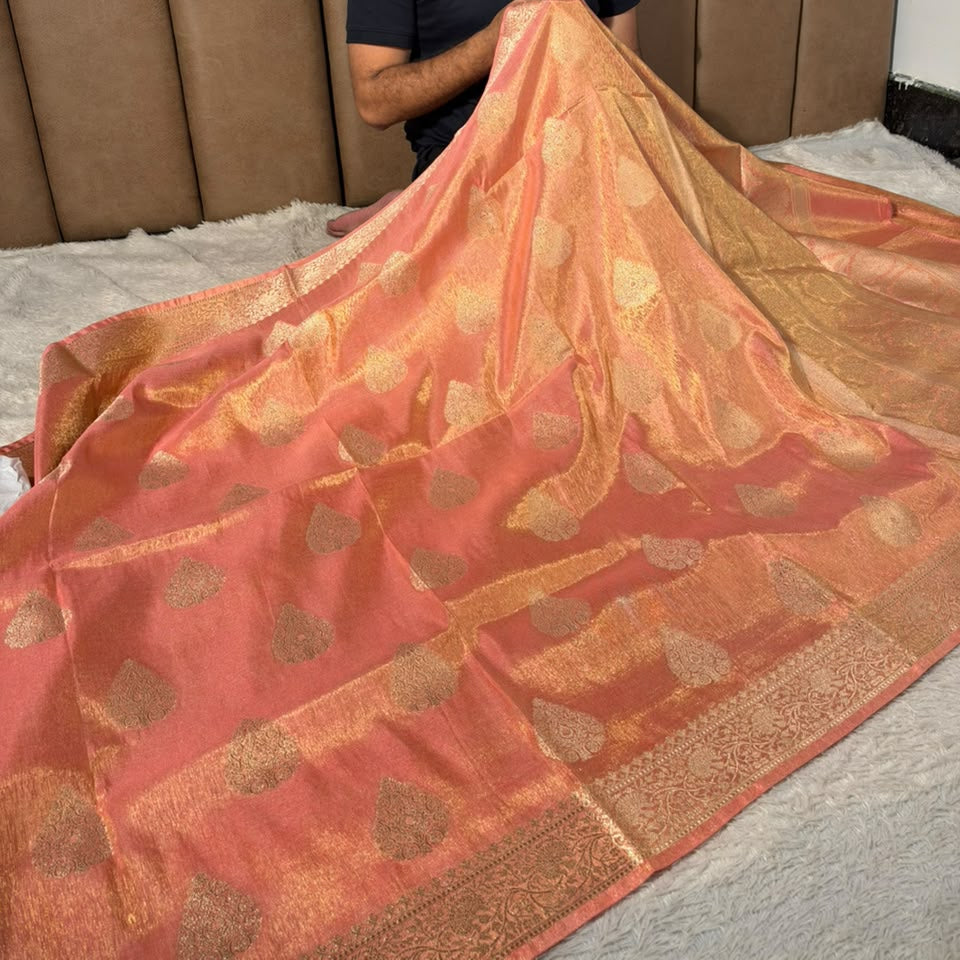 Mauve Peach Breathable katan Tissue Banarasi Saree