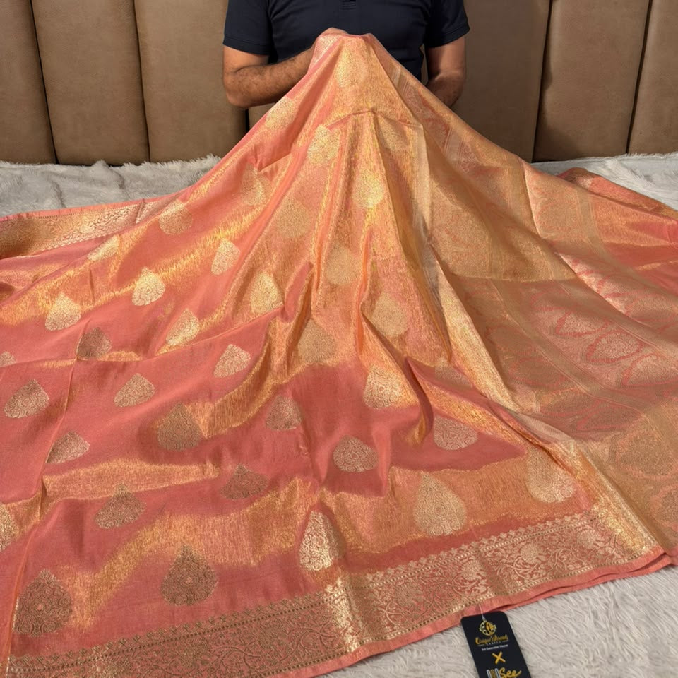 Mauve Peach Breathable katan Tissue Banarasi Saree
