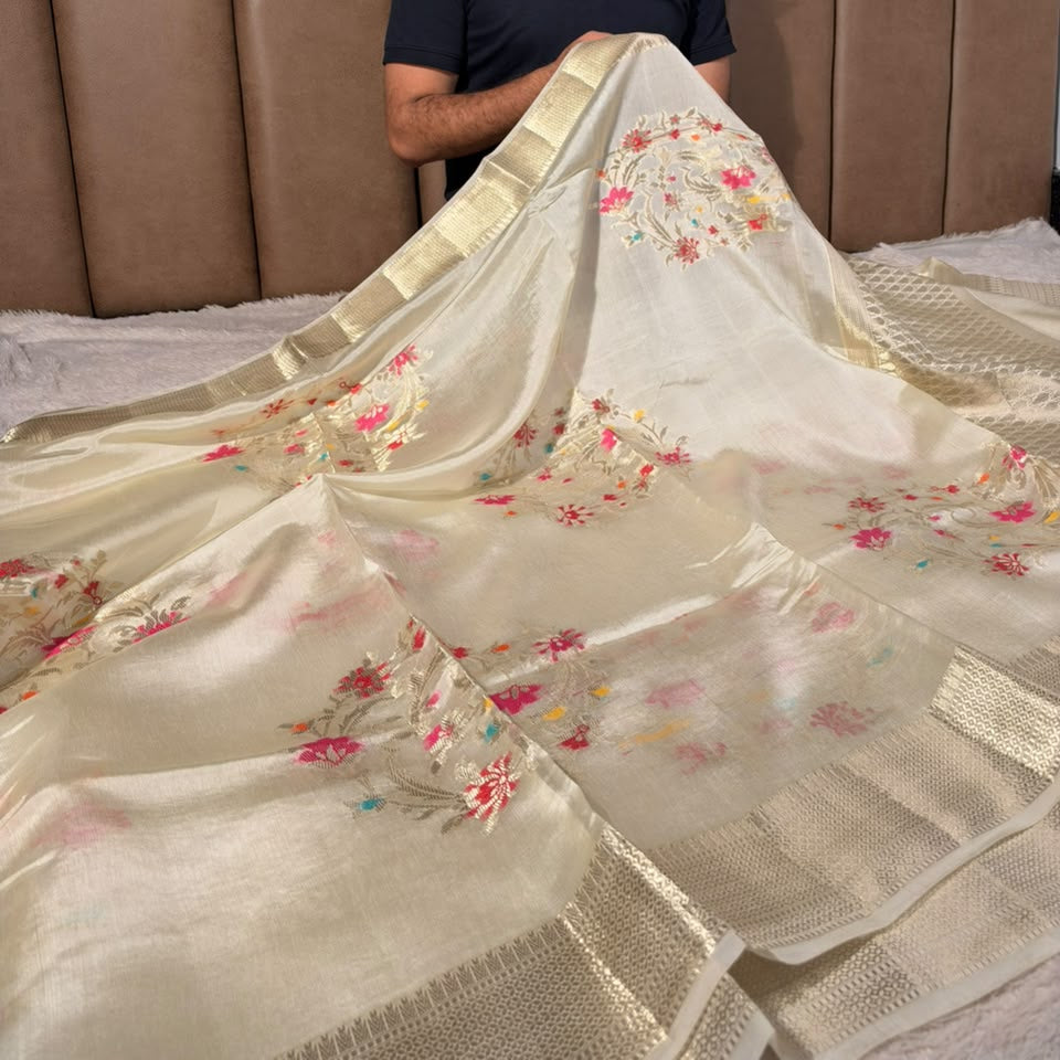 Off White Pure Mango Silk Grand Jaal Weave Saree