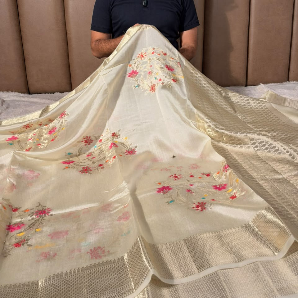 Off White Pure Mango Silk Grand Jaal Weave Saree
