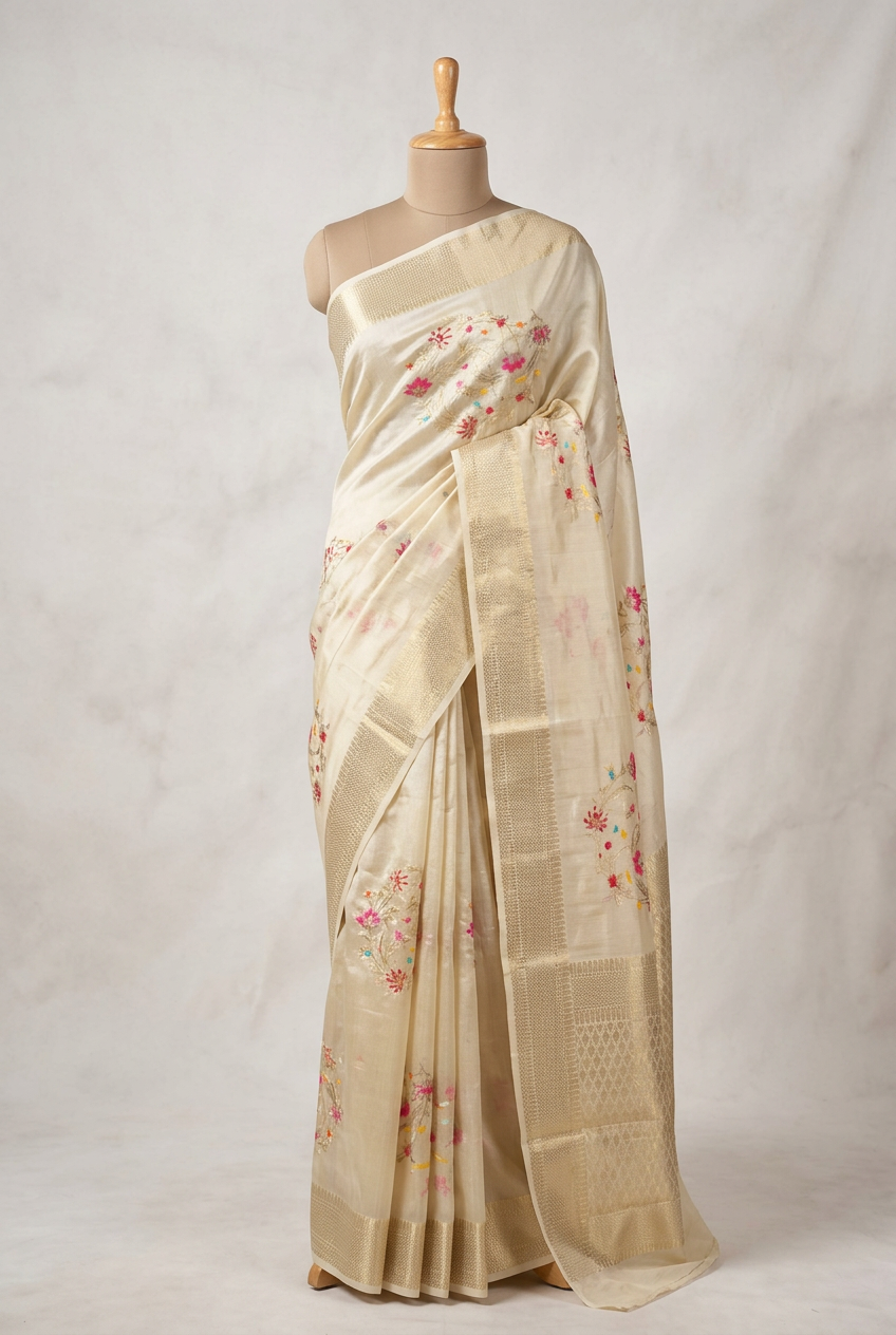 Off White Pure Mango Silk Grand Jaal Weave Saree