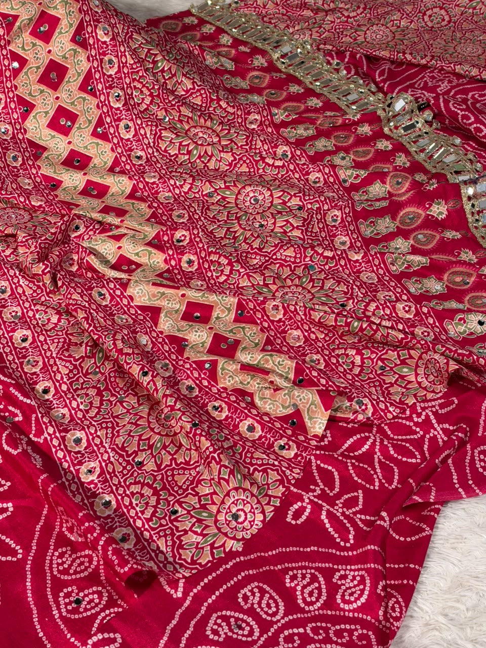 Rani Pink Gaji Silk Floral Mirror Work Saree