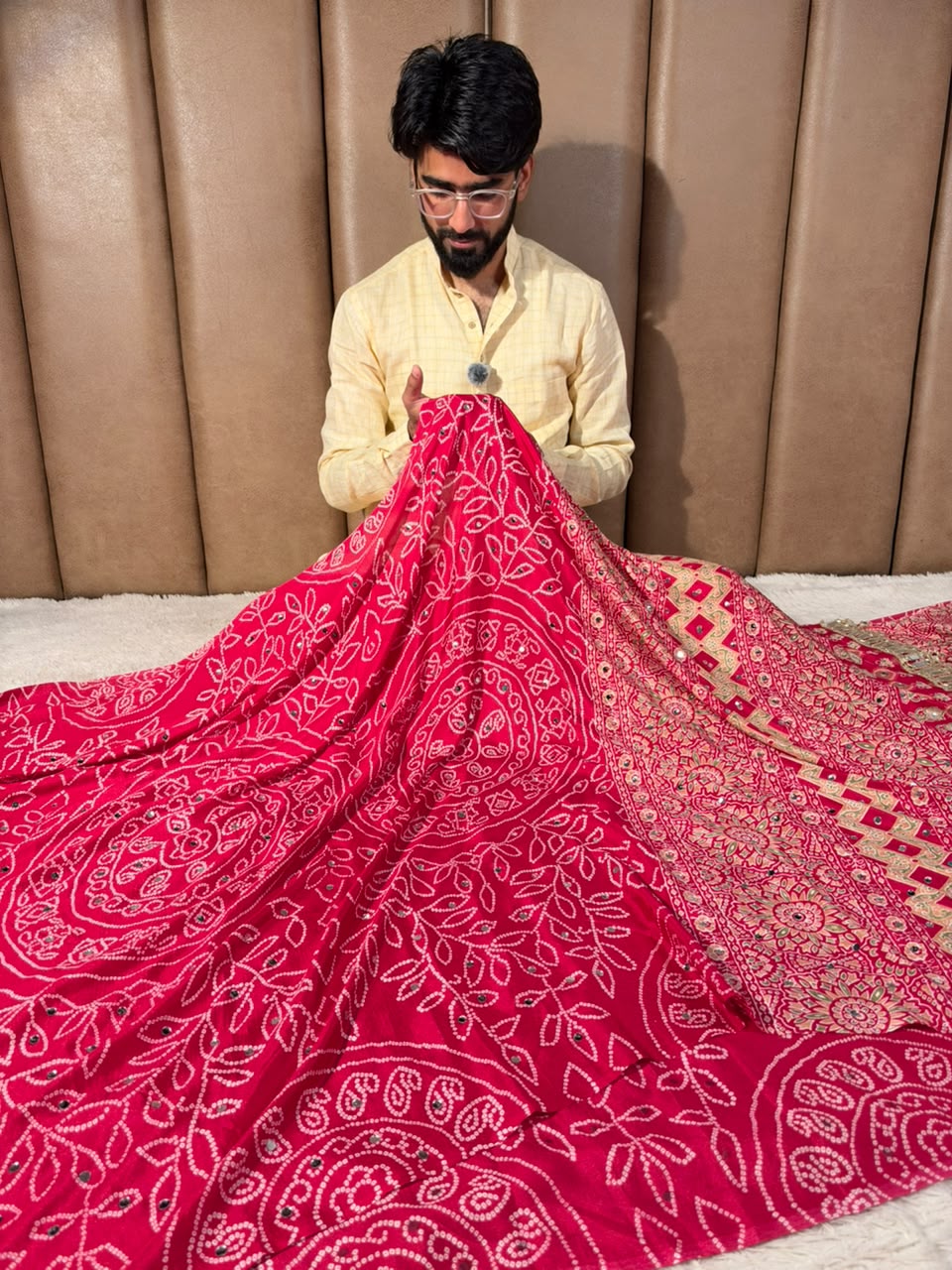 Rani Pink Gaji Silk Floral Mirror Work Saree