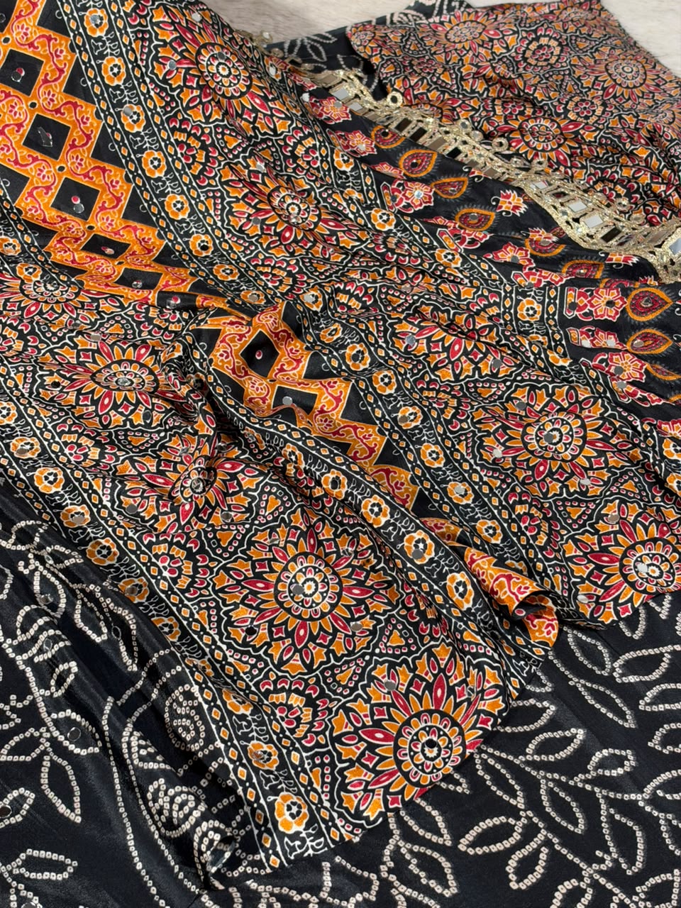 Jet Black Gaji Silk Bandhani Print And Mirror Saree