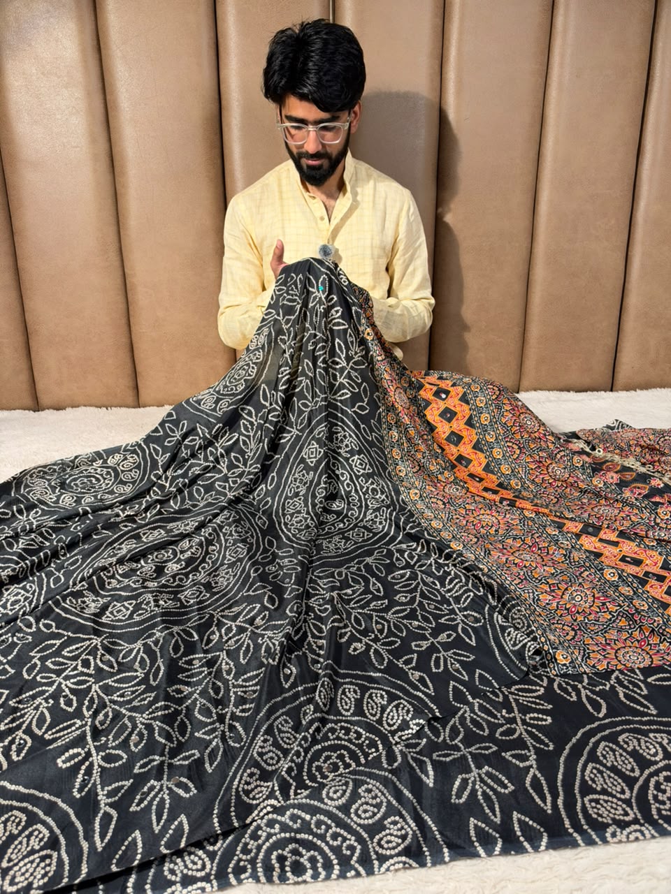 Jet Black Gaji Silk Bandhani Print And Mirror Saree