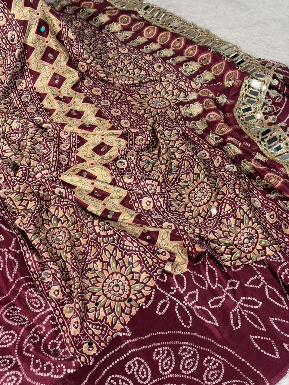 Maroon Gaji Silk Bandhani Print And Mirror Saree
