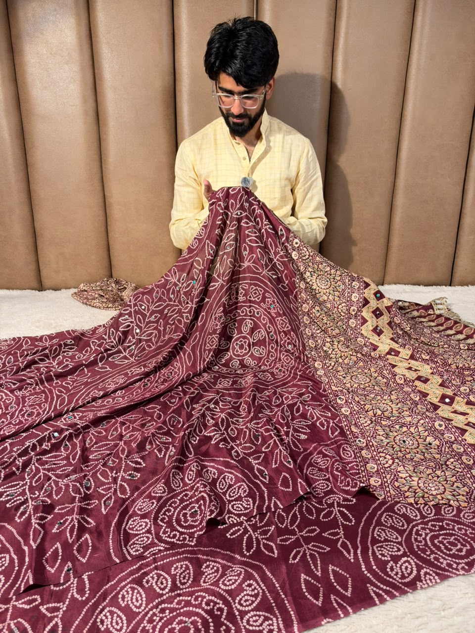 Maroon Gaji Silk Bandhani Print And Mirror Saree