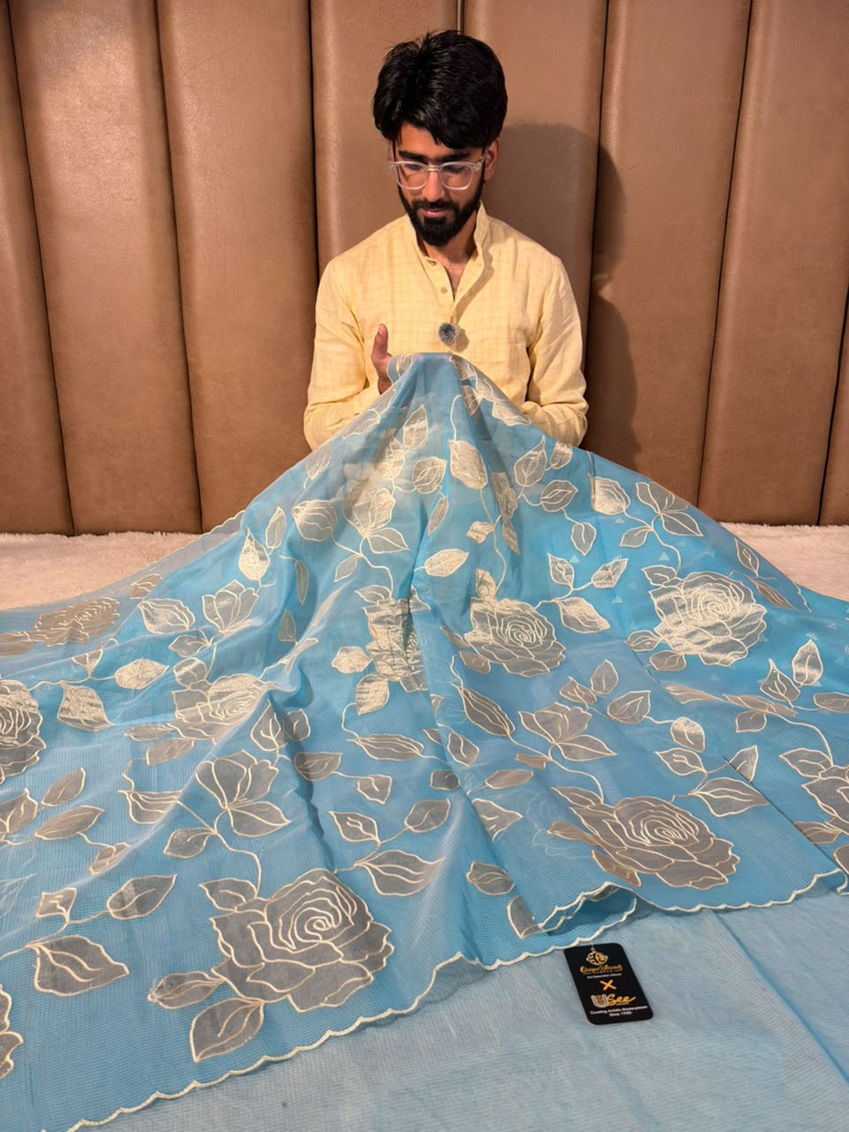 Firozi Blue Kota Weave Appliqué Work Banarasi Saree