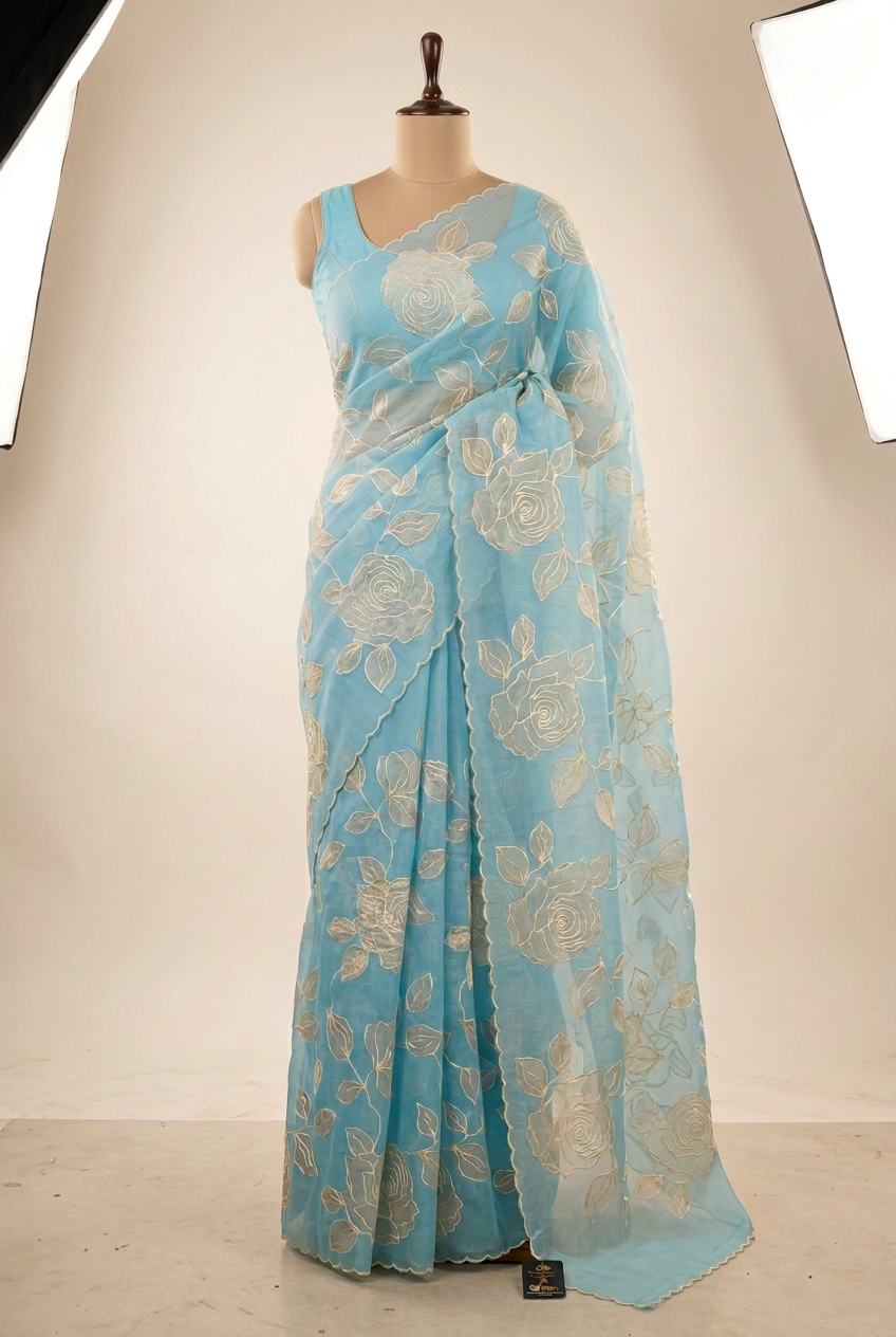 Firozi Blue Kota Weave Appliqué Work Banarasi Saree