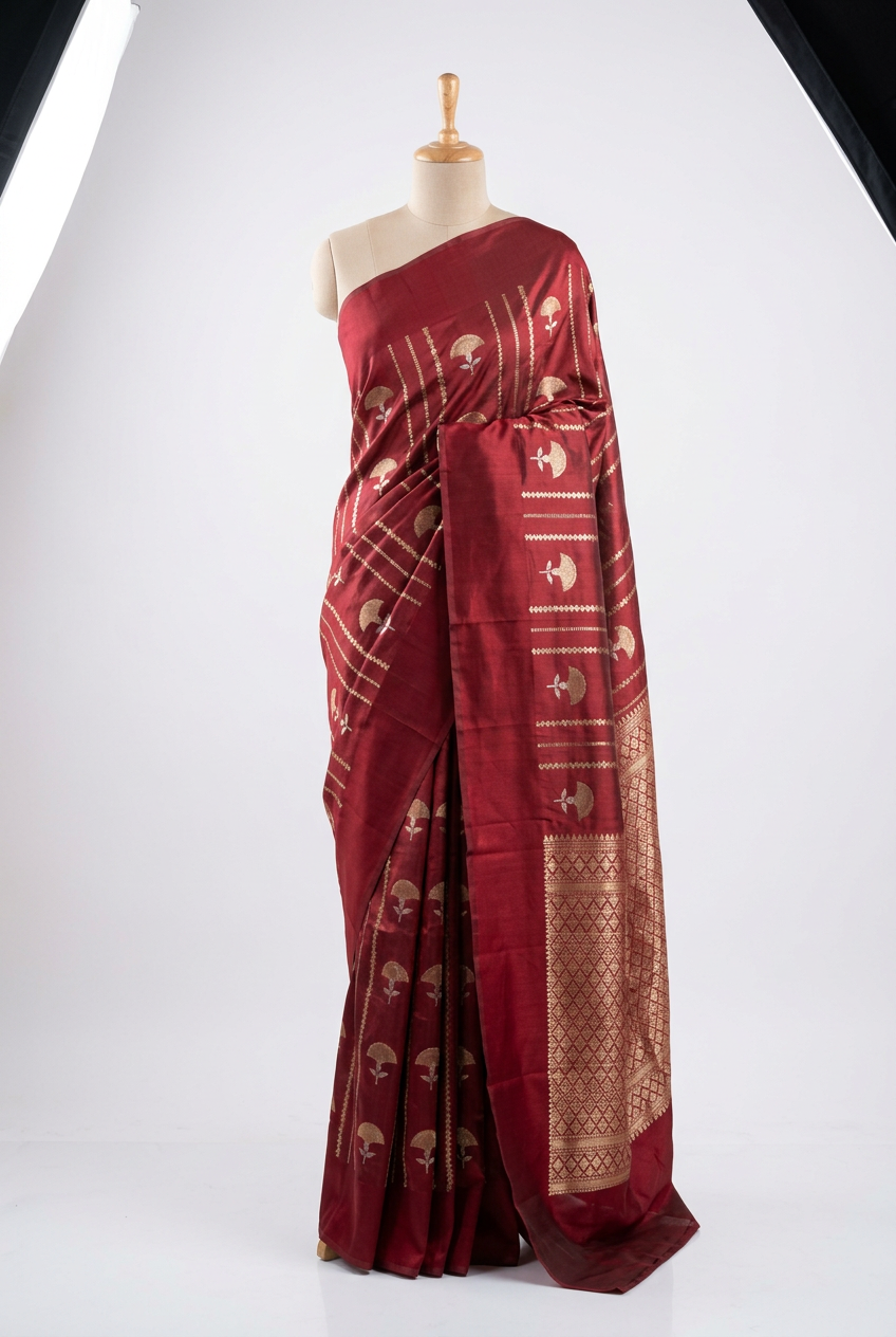 Dusty Maroon Heritage Chinia Silk Banarasi Saree