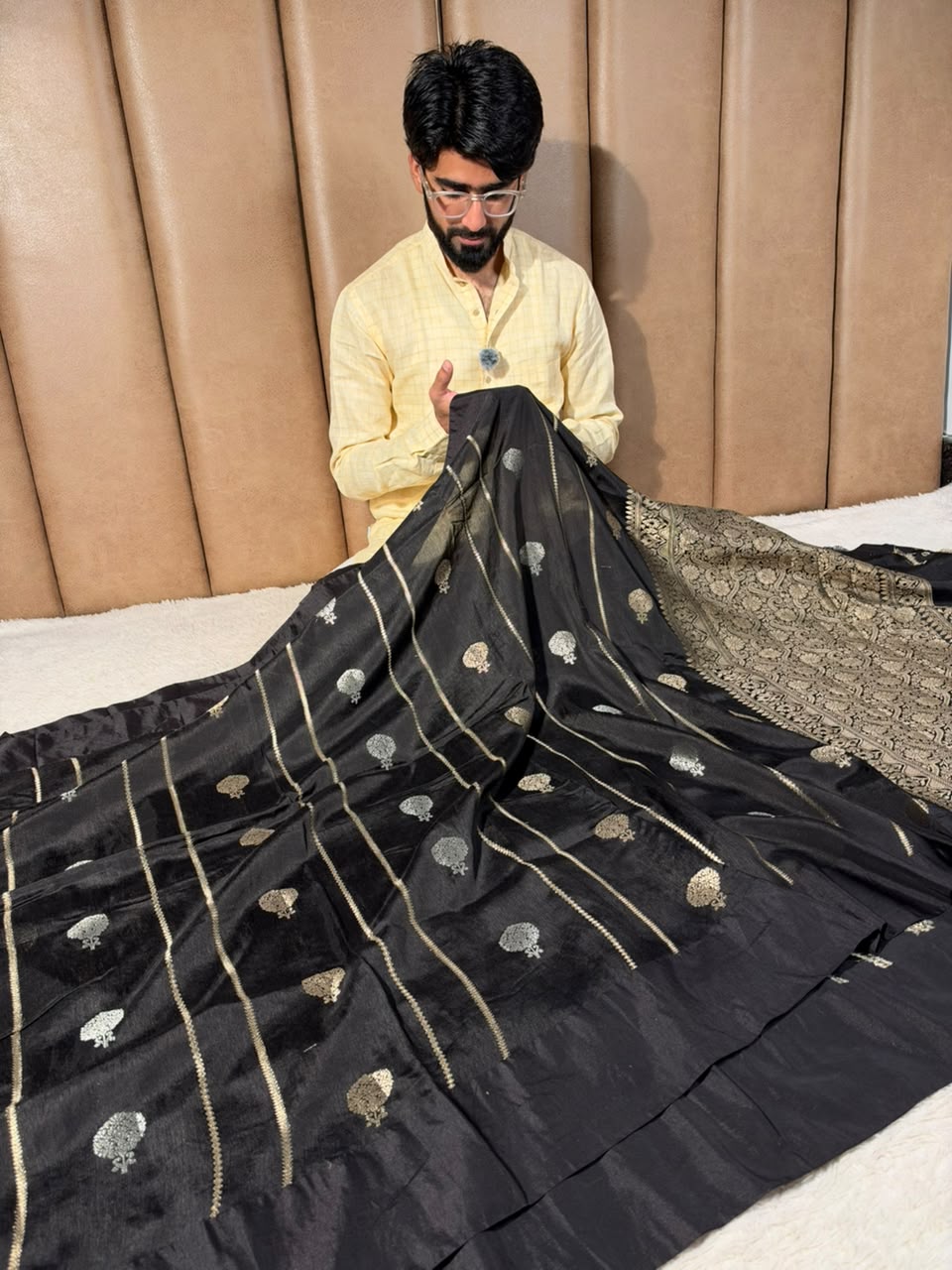 Jet Black Contemporary Chinia Silk Banarasi Saree
