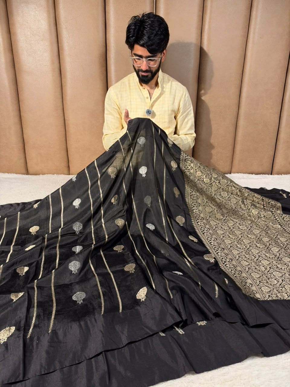 Jet Black Contemporary Chinia Silk Banarasi Saree