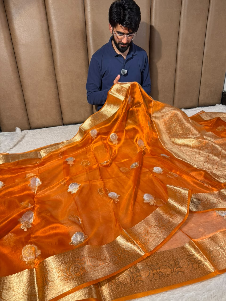 Metallic Orange Pure Tissue Silk Banarasi Saree