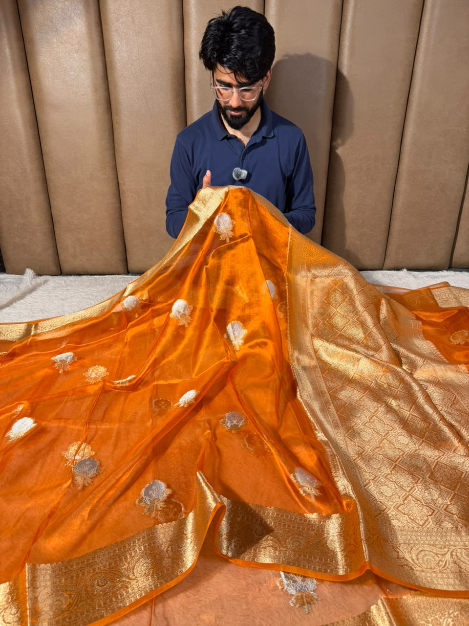 Metallic Orange Pure Tissue Silk Banarasi Saree