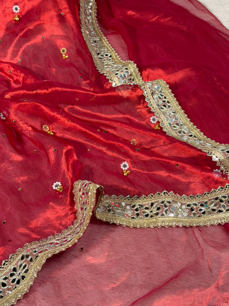 Carmine Red Pure Tissue Silk Ghungroo Mirror Work Saree