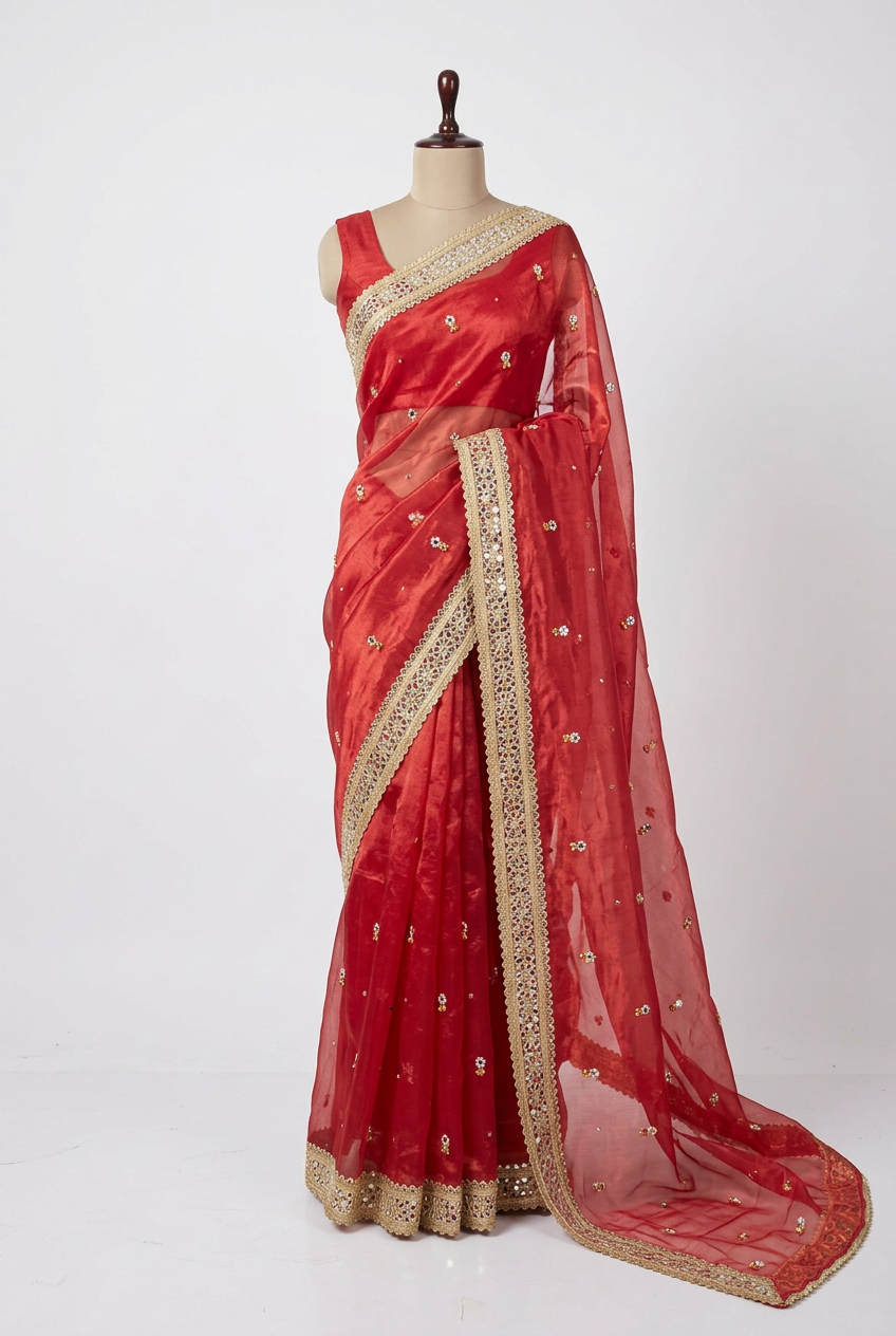 Carmine Red Pure Tissue Silk Ghungroo Mirror Work Saree