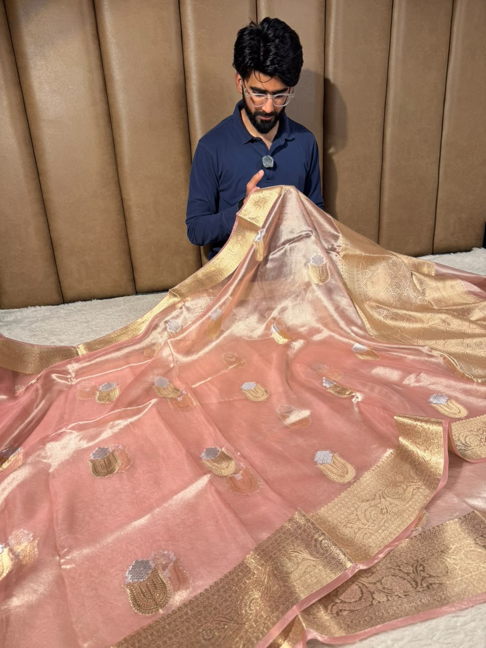 Light Peach Pure Tissue Silk Heritage Banarasi Saree
