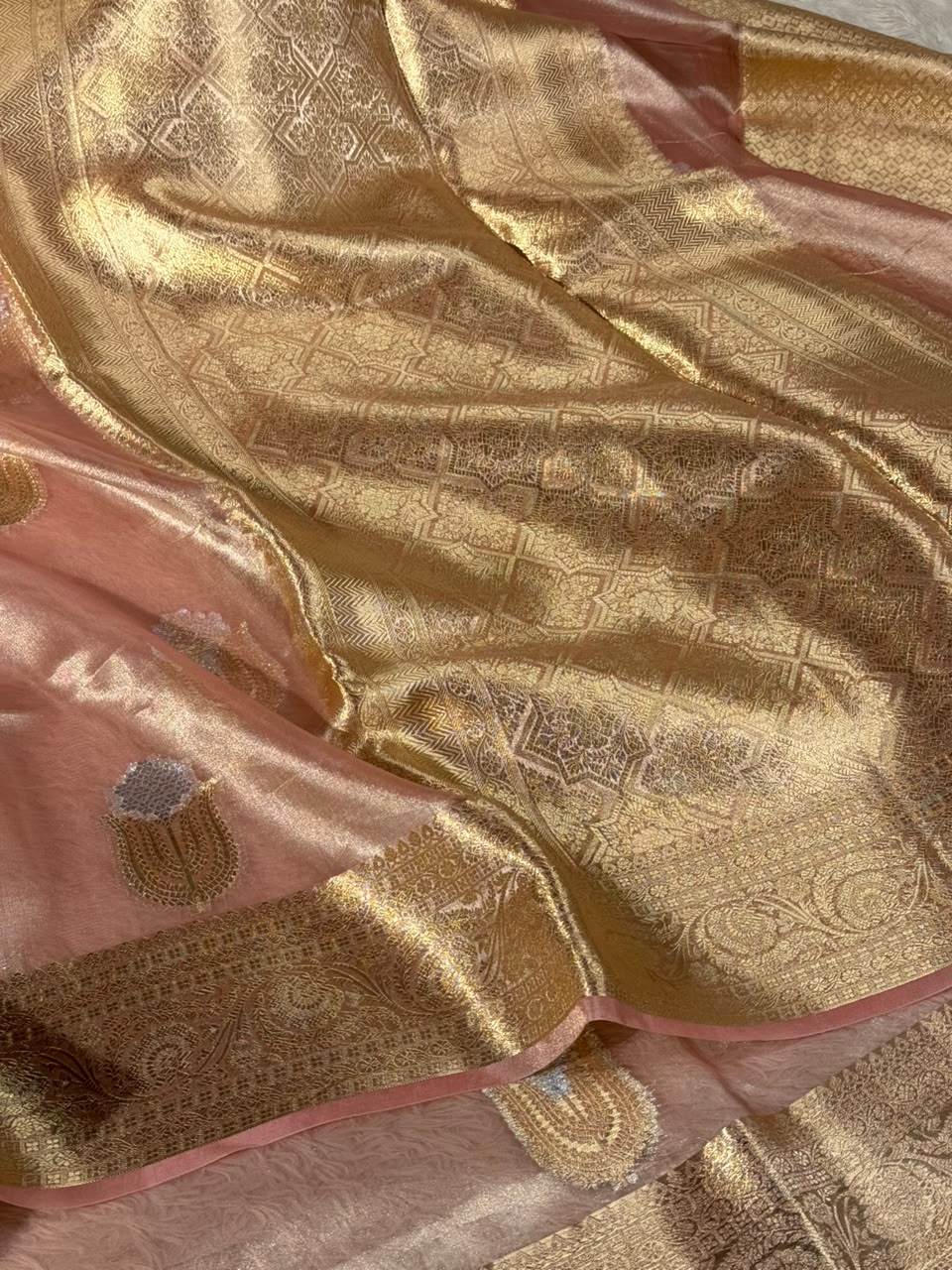 Light Peach Pure Tissue Silk Heritage Banarasi Saree