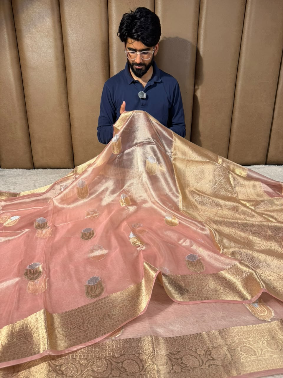 Light Peach Pure Tissue Silk Heritage Banarasi Saree