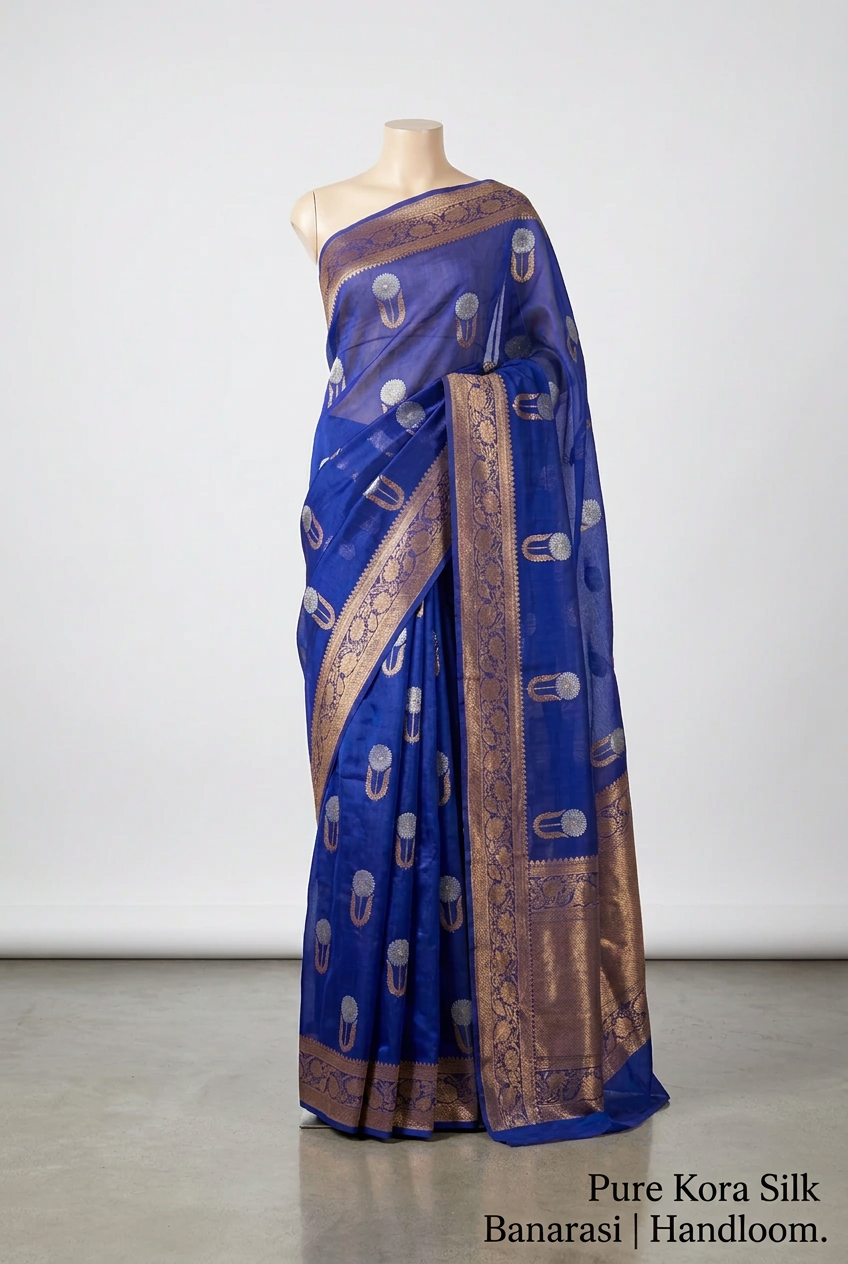 Royal Blue Pure Kora Silk Handloom Banarasi Saree