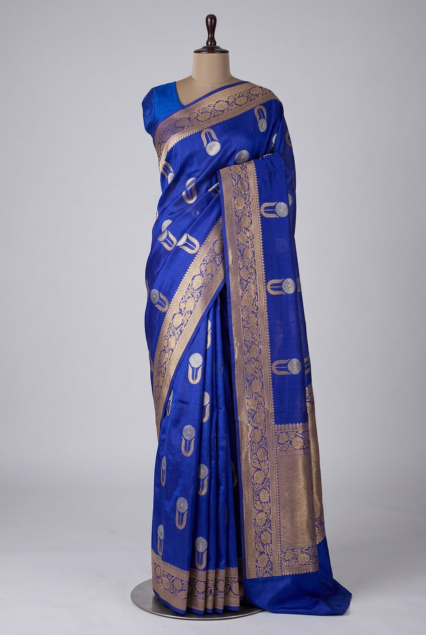Royal Blue Pure Kora Silk Handloom Banarasi Saree