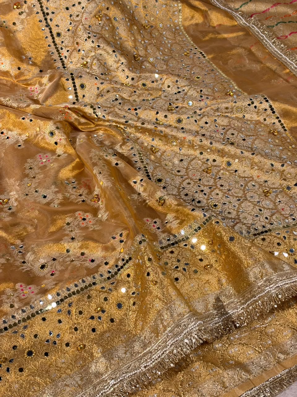 Copper Gold Tissue Silk Mirror Ghungroo Banarasi Saree