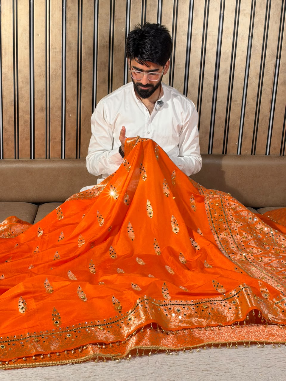 Bright Orange Chinia Silk Ghungroo Mirror Work Saree