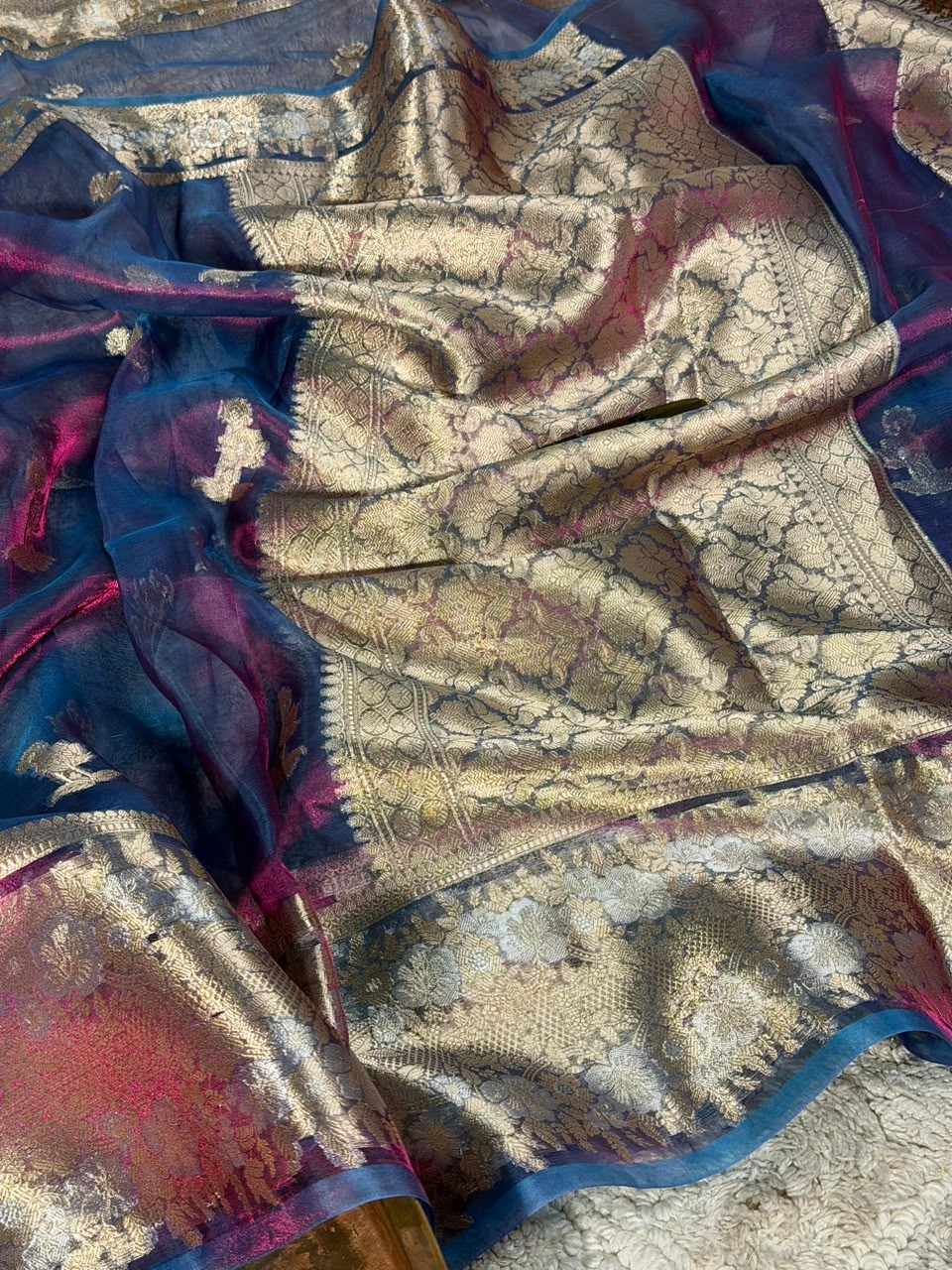 Dhoop Chaon German Blue Pure Tissue Silk Banarasi Saree
