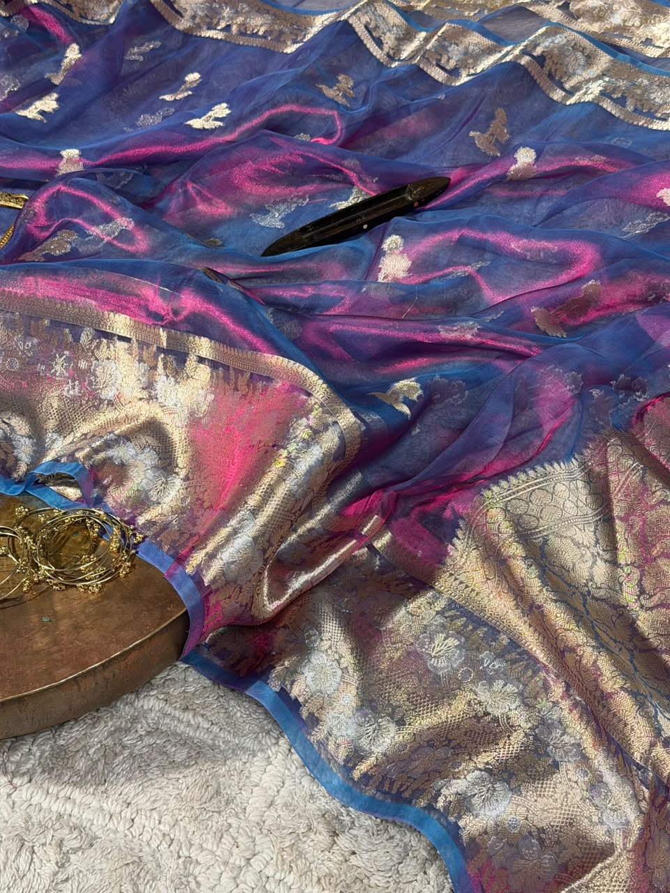 Dhoop Chaon German Blue Pure Tissue Silk Banarasi Saree