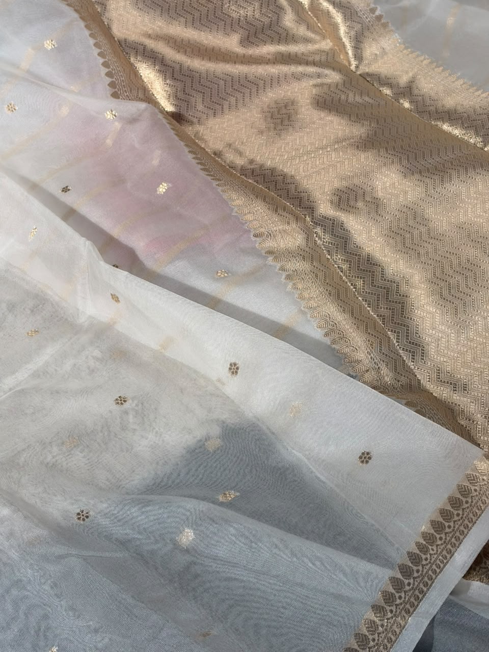 Ivory White Kora Organza Banarasi Saree with Elegant Gold Zari Border