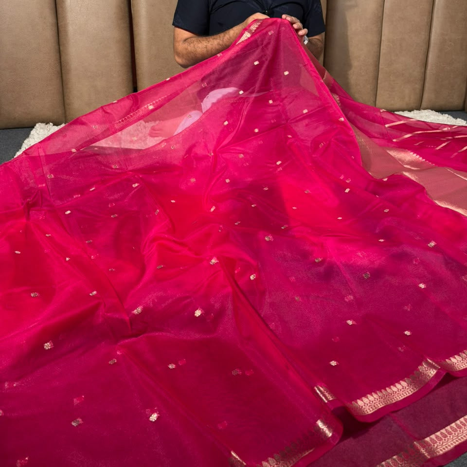 Rani Pink Kora Organza Banarasi Saree with Antique Gold Zari Border