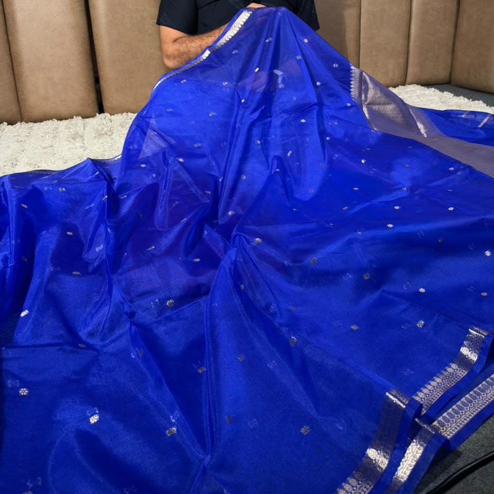 Royal Blue Kora Organza Banarasi Saree with Silver Zari Border