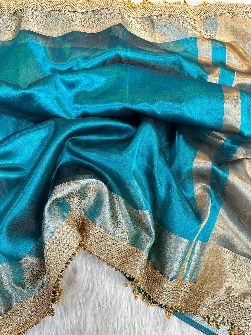 Turquoise Blue Glass Tissue Heavy Latkan Banarasi Saree