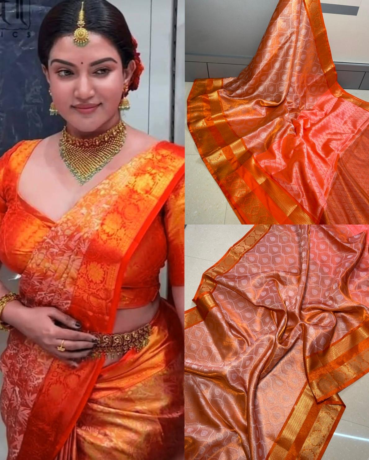 Metallic Orange Traditional Softsilk Banarasi Saree